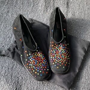 Excellent condition US size 7 Jean Paul Barriol black suede globe loafers gems